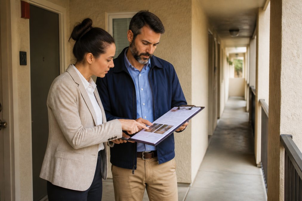 Property manager reviewing inspection documentation and credentials with a professional inspector in an apartment building hallway, examining photos and written findings from a clipboard