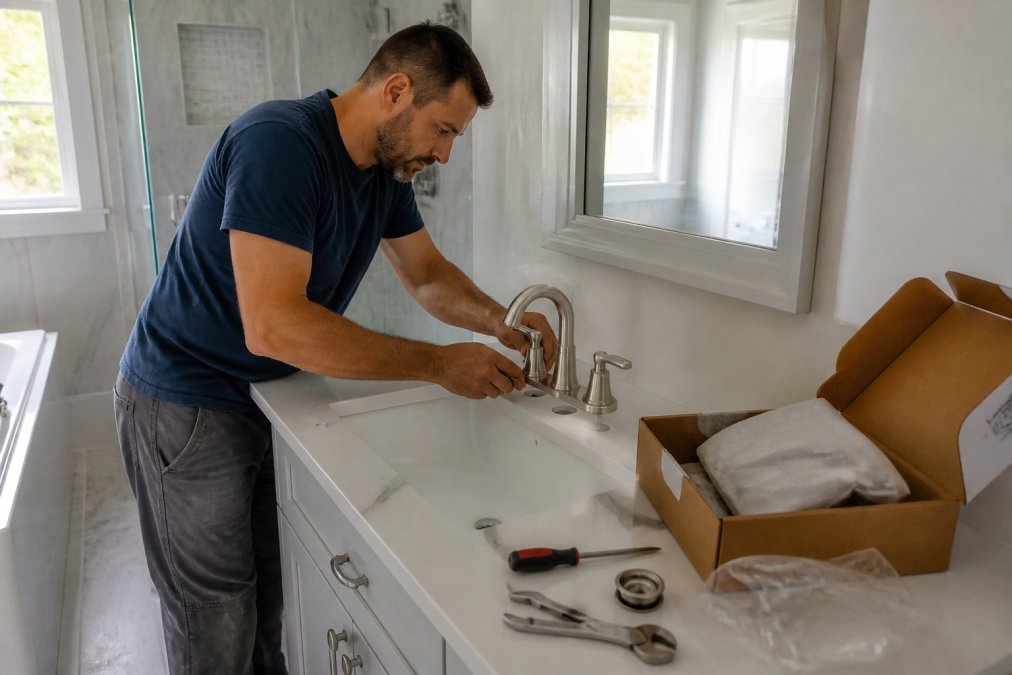 Homeowner installing a brushed nickel faucet on a new vanity during a bathroom remodeling project