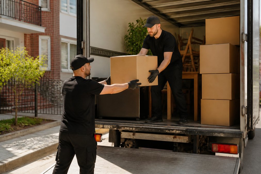 Two professional movers carefully loading boxes and furniture into the back of a rental truck on a sunny day, working in coordination
