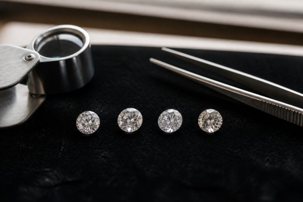 Close-up photograph of loose gemstones including moissanite, lab-grown diamond, white sapphire and cubic zirconia arranged side by side on dark velvet, with jeweller's loupe and tweezers resting nearby in soft window light