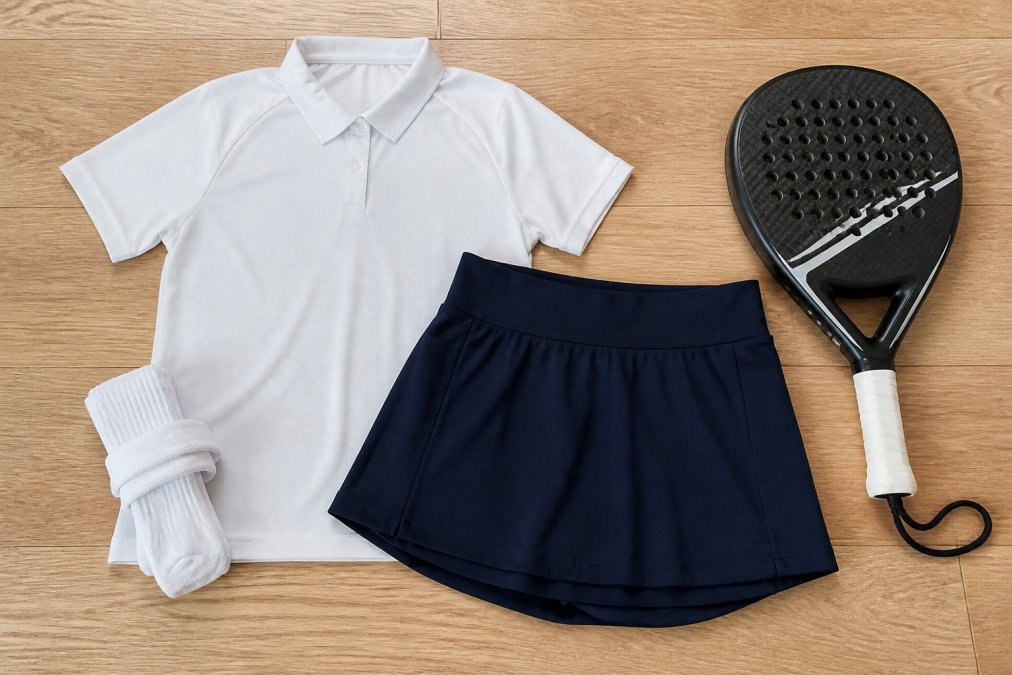 A flat lay of affordable tennis clothing on a light wooden floor, including a white performance polo, a navy tennis skirt, rolled synthetic-blend socks and a padel racket resting beside them