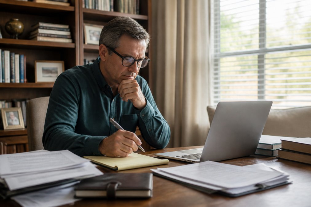 Professional sitting at a home desk with legal documents, laptop, and notepad, researching legal aid resources with focused determination in natural daylight