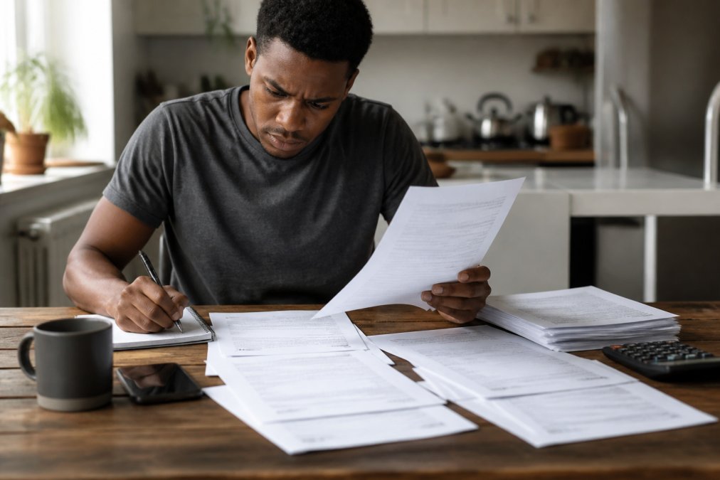 Individual reviewing court documents and legal papers at a home desk with coffee, pen, and notepad, preparing a written response with concentration
