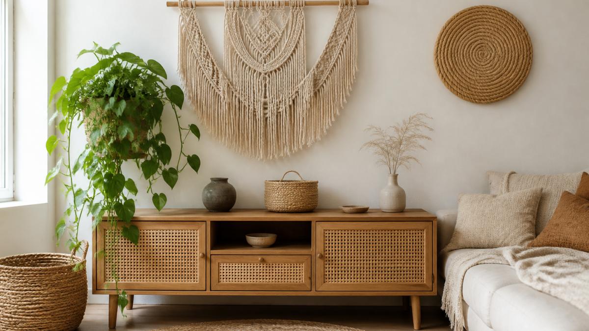 Woven macrame wall hanging above a wooden console with a trailing plant and neutral linen cushions in a living room