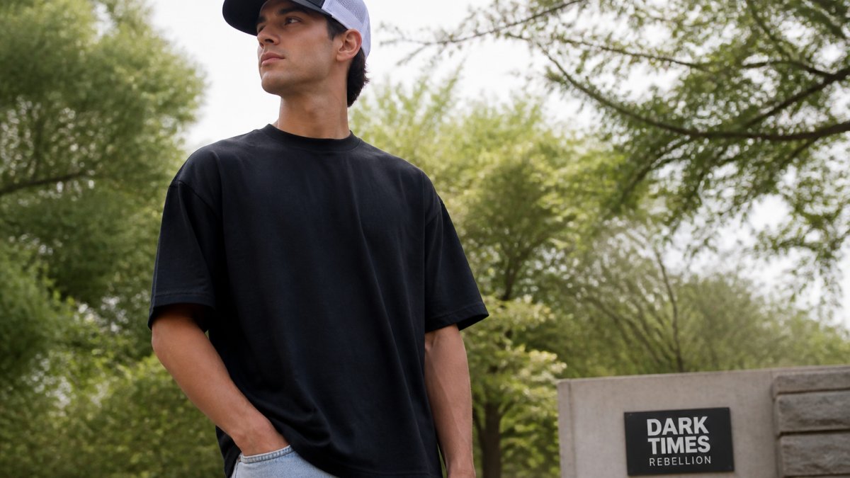 Young adult wearing a heavyweight Christian graphic tee in black and a trucker hat, standing confidently outdoors in natural daylight with trees in the background, showing how faith-driven apparel integrates into everyday style