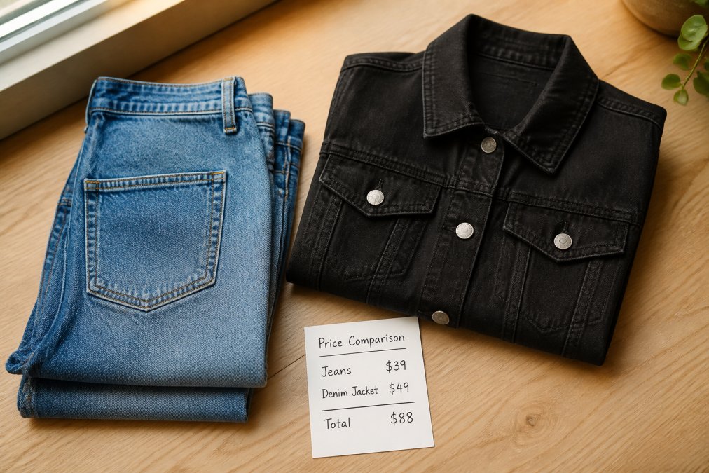 Flat lay of folded blue jeans, a black denim jacket, and a handwritten price tag on a light wood table, soft natural window light