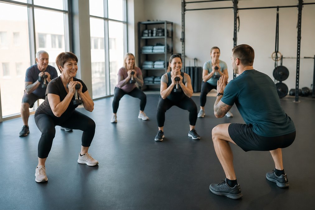 A small group fitness class in a bright, modern studio with a trainer guiding participants through a workout, people of mixed ages and abilities, natural light, welcoming atmosphere