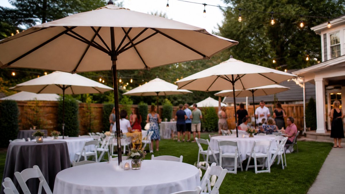 Backyard party setup with multiple patio umbrellas and string lights creating shade over tables and seating areas with guests mingling