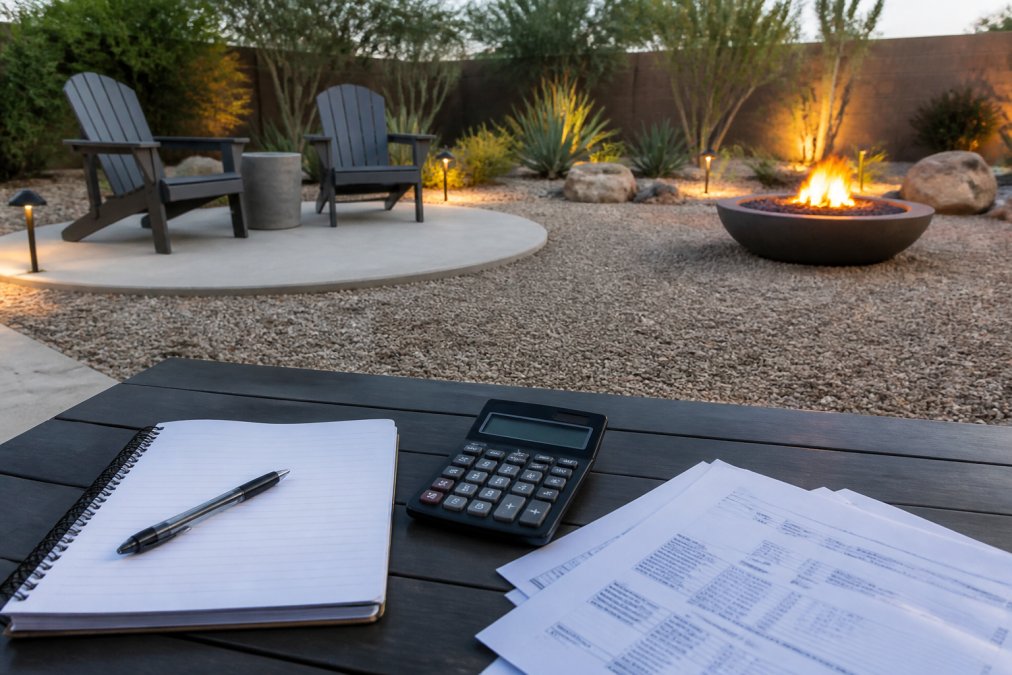A backyard patio with loose crushed gravel and a small concrete seating area, surrounded by desert-friendly plants and a fire pit