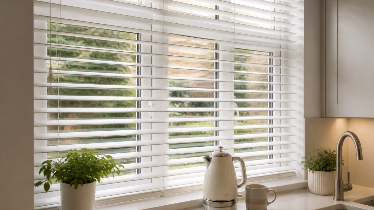 A bright kitchen window fitted with white faux wood Venetian blinds, slats partly tilted open, with a kettle and mug on the sill and daylight coming through
