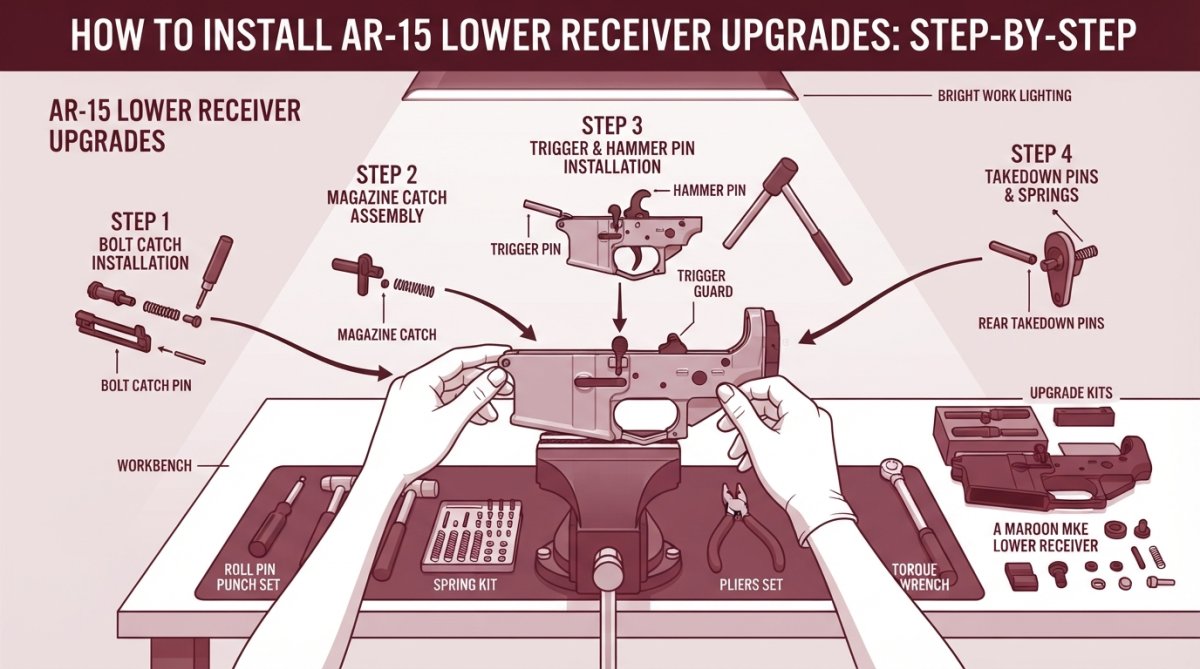 Hands assembling AR-15 lower receiver components on a workbench with roll pin punch set, spring kit, and takedown pins visible under bright work lighting