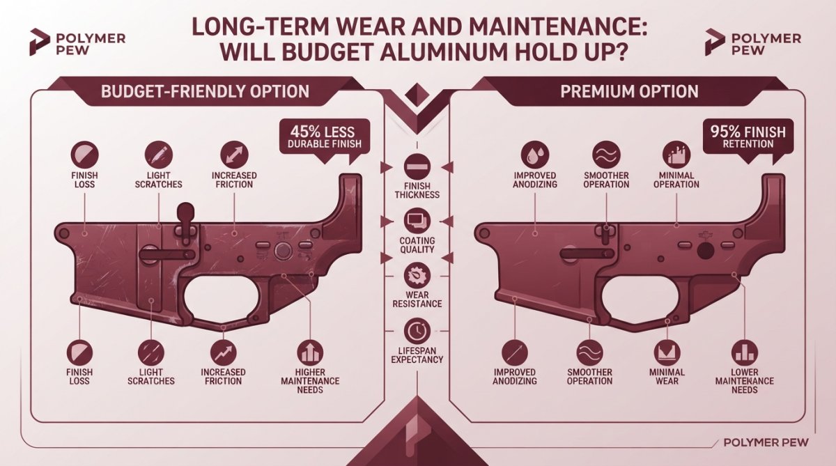 Side-by-side anodized aluminum lower receivers showing finish quality and wear resistance patterns under controlled lighting, demonstrating durability across budget and premium options