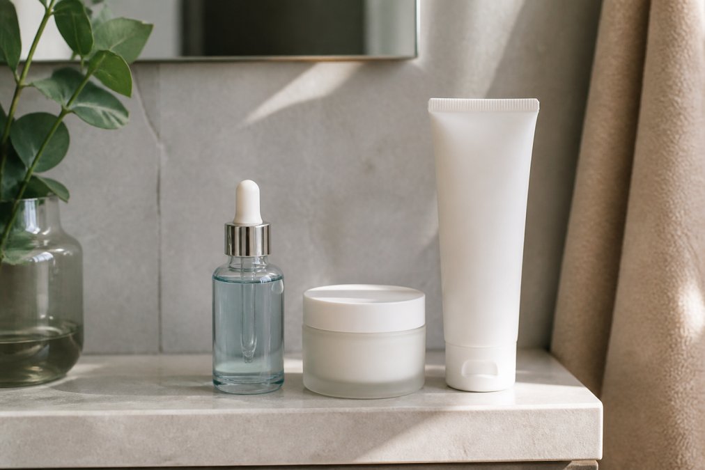 A minimalist three-step skincare routine with serum, moisturizer, and cleanser on a bright bathroom shelf