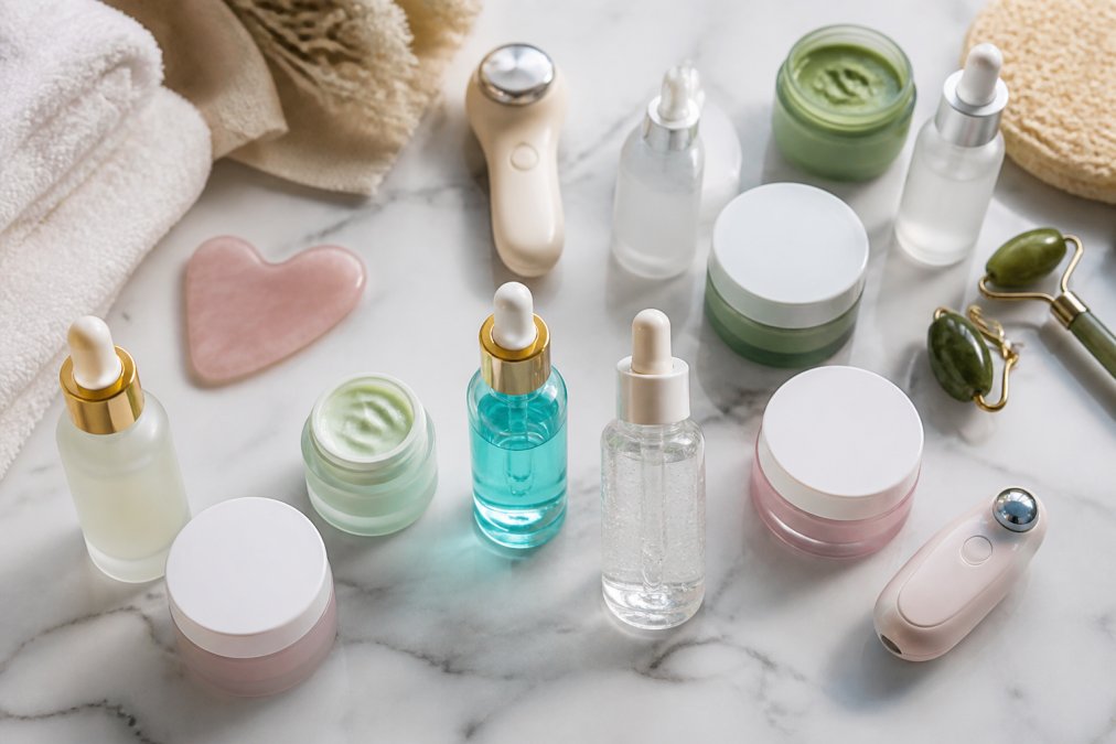 Flat-lay of multiple skincare serums, creams, and eye creams arranged neatly on a clean white marble surface with soft natural lighting