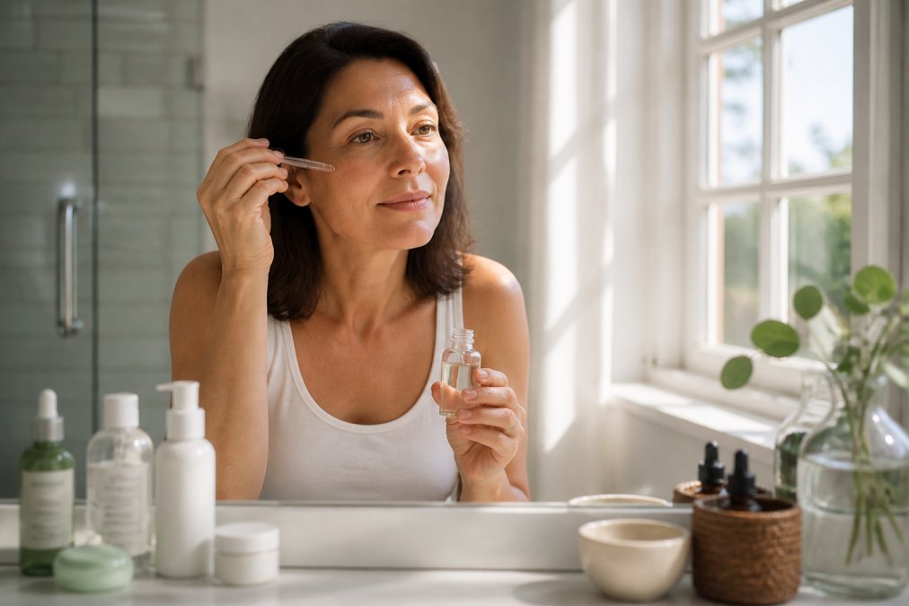 Woman in her 40s applying facial serum in a bright bathroom mirror, surrounded by a few skincare bottles on the counter, warm morning light streaming through the window