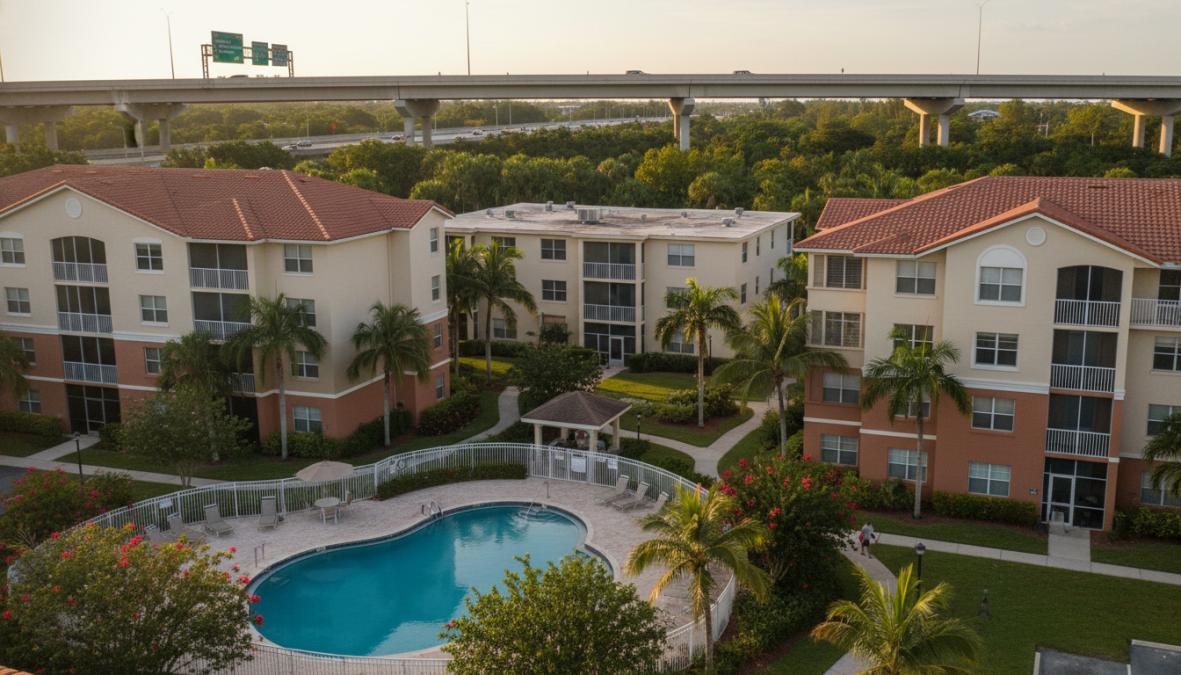 Exterior view of a well-maintained garden-style apartment complex in Boca Raton, Florida, with lush tropical landscaping, palm tree-lined entrance, and bright afternoon sunlight casting shadows across the walkway