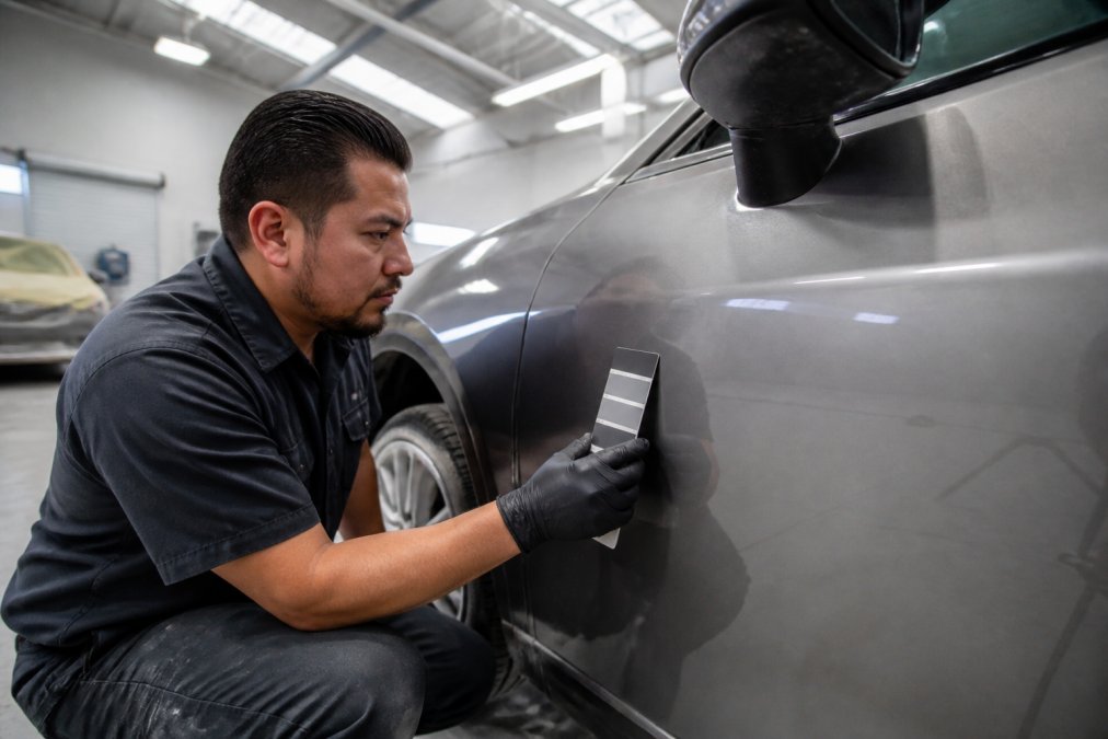 A technician in a clean auto body shop inspecting a car panel under bright overhead lights, holding a color matching chart next to the vehicle's finish