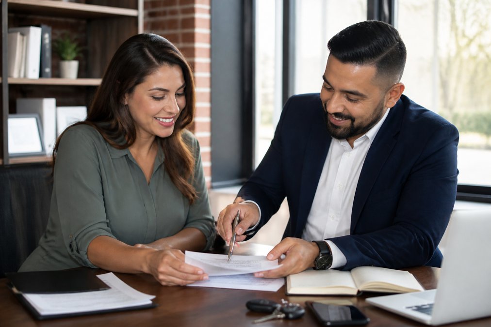 Professional insurance agent meeting with customer in modern office, reviewing policy documents and computer screen together, warm lighting from windows