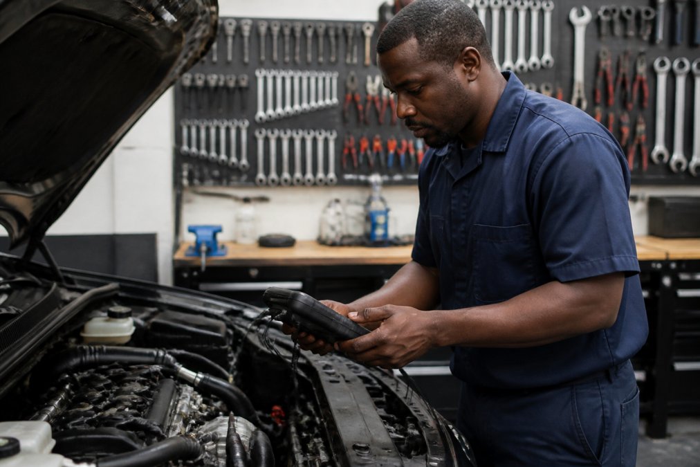 A certified mechanic in a clean shop uniform using a digital diagnostic scanner on a late-model car engine bay, with bright overhead shop lighting and a pegboard of professional tools visible in the background