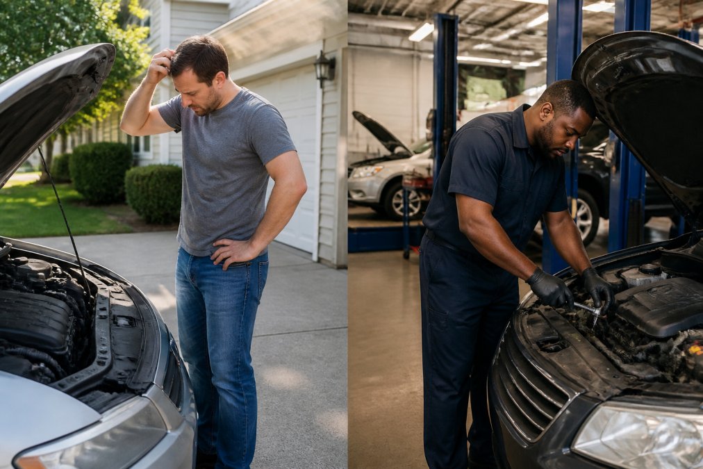 A car owner in jeans and a t-shirt looking uncertain under the open hood of their vehicle in a residential driveway on a sunny afternoon, with a professional mechanic in a branded shop uniform confidently working on a similar vehicle in a well-lit auto repair bay visible in the background