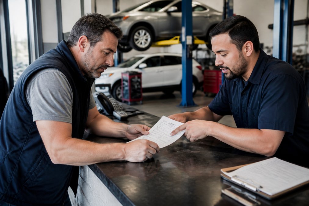 A car owner reviewing a printed repair estimate with a mechanic at a service counter, both looking at the document together in a well-lit auto shop reception area with vehicles visible in the background