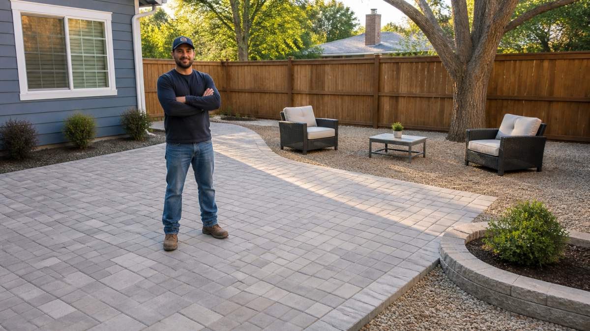 Infographic showing the step-by-step process to build an affordable backyard hardscape with pavers and gravel.