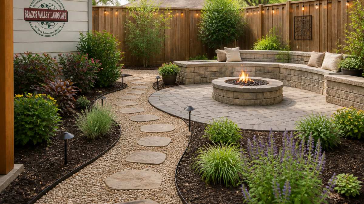 Gravel pathway leading to a cozy paver patio with a fire pit, showcasing affordable backyard hardscaping design.