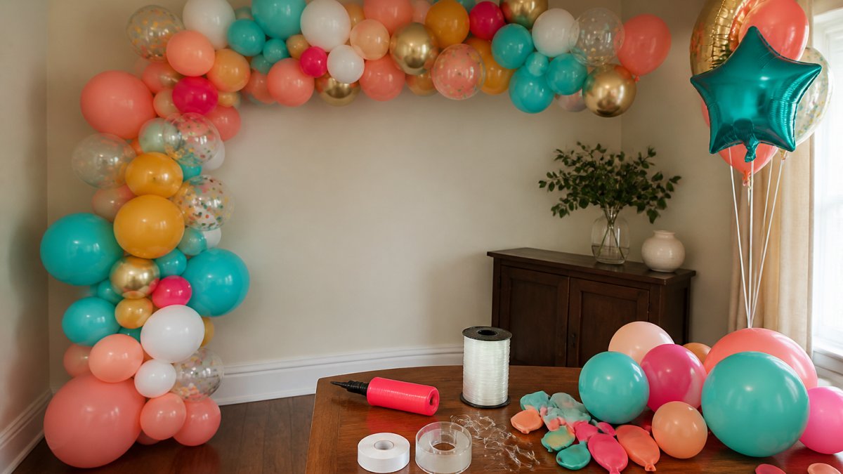 Small home party space with a colorful DIY balloon garland and arch setup in a corner, showing latex and foil balloons arranged compactly with simple supplies like fishing line and tape visible on a nearby table, warm natural lighting