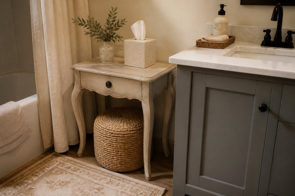 Infographic showing bathroom storage hacks using a French country table, ceramic tissue box, and woven straw pouf.