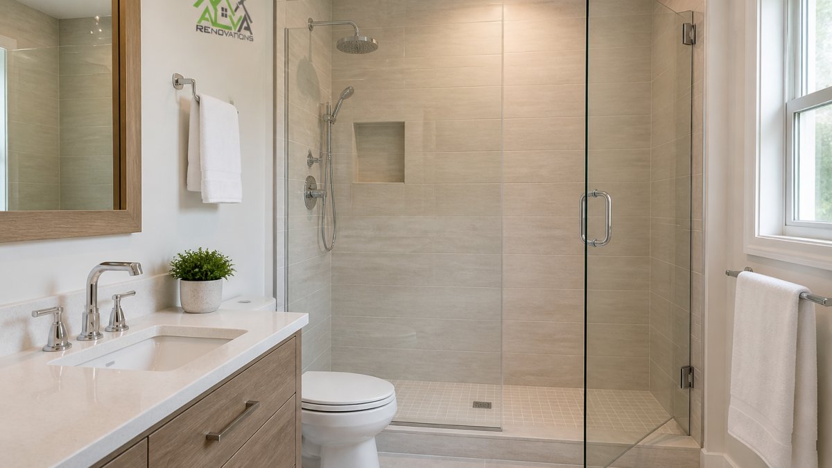 Modern bathroom with a walk-in shower and chrome fixtures as part of affordable bathroom upgrades for resale value.