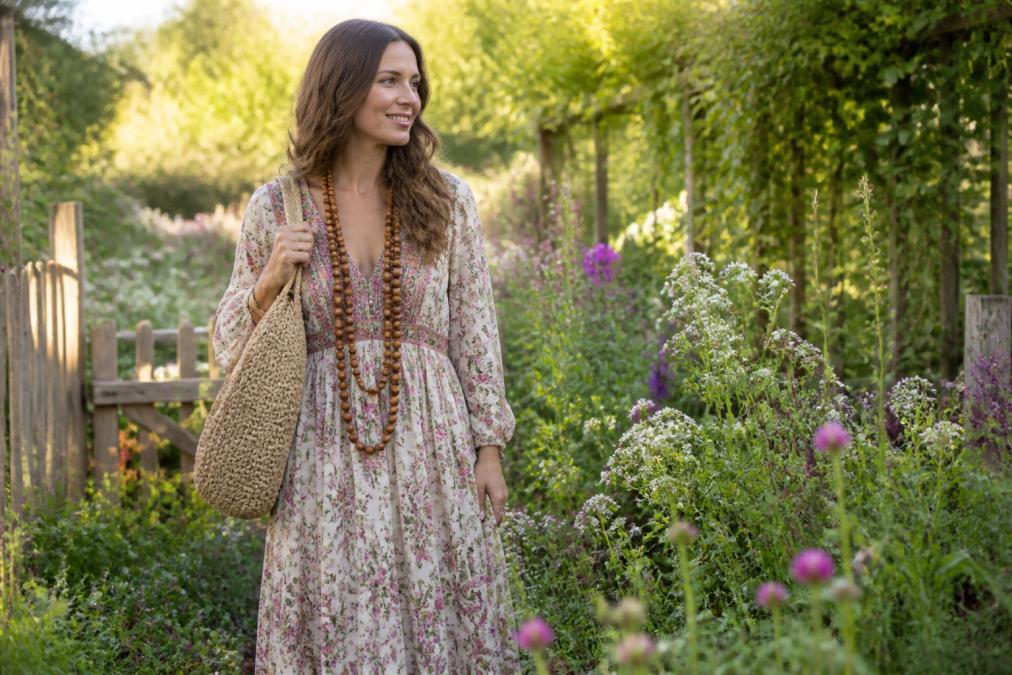 Woman wearing a floral maxi dress and wood necklaces in a garden, a look found at affordable boho style clothing boutiques.