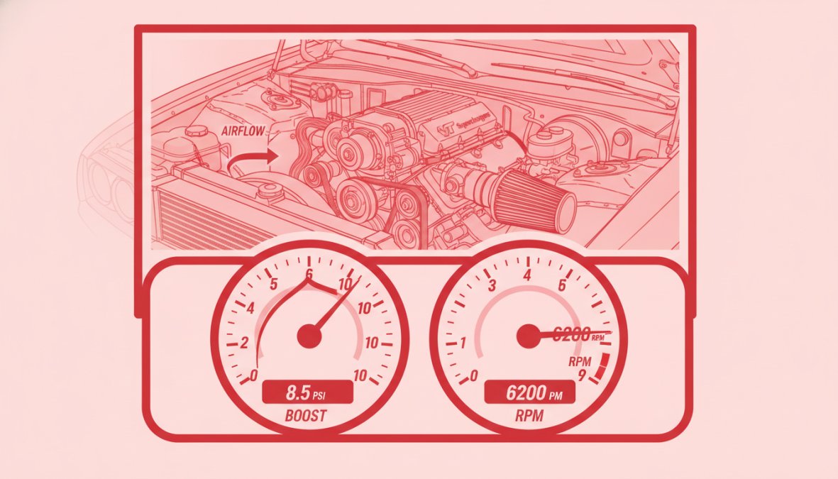 Close-up of vehicle dashboard gauge cluster showing boost pressure gauge and RPM needle during acceleration, with engine bay visible in soft focus background