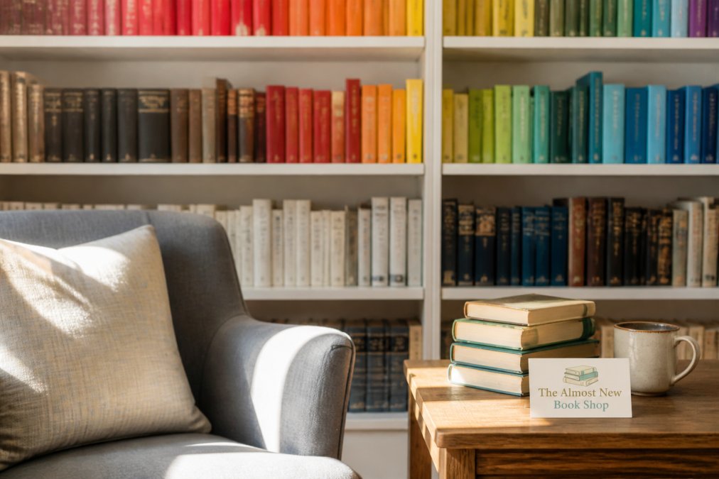 Neatly organised home library shelf with books arranged by colour and genre, featuring a mix of hardcover and paperback titles with a comfortable reading chair positioned nearby in soft natural light