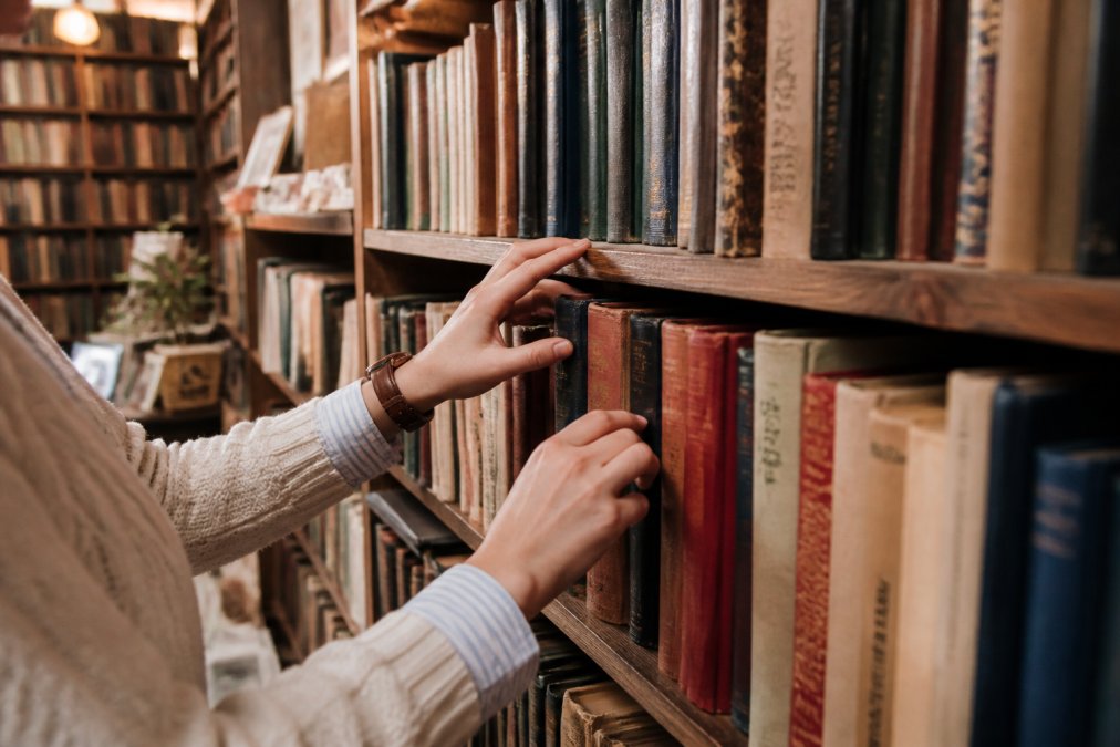 Close-up of hands browsing shelves of pre-loved books in a cosy independent bookshop, with warm lighting and curated spines visible