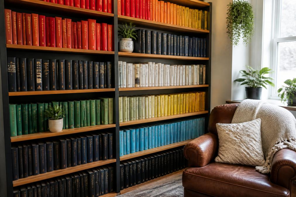 Well-organised home library shelves with books arranged by genre and colour, showing a compact but thoughtfully designed reading space
