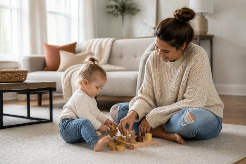 A mother wearing affordable boutique clothing plays with her toddler on a bright living room floor.