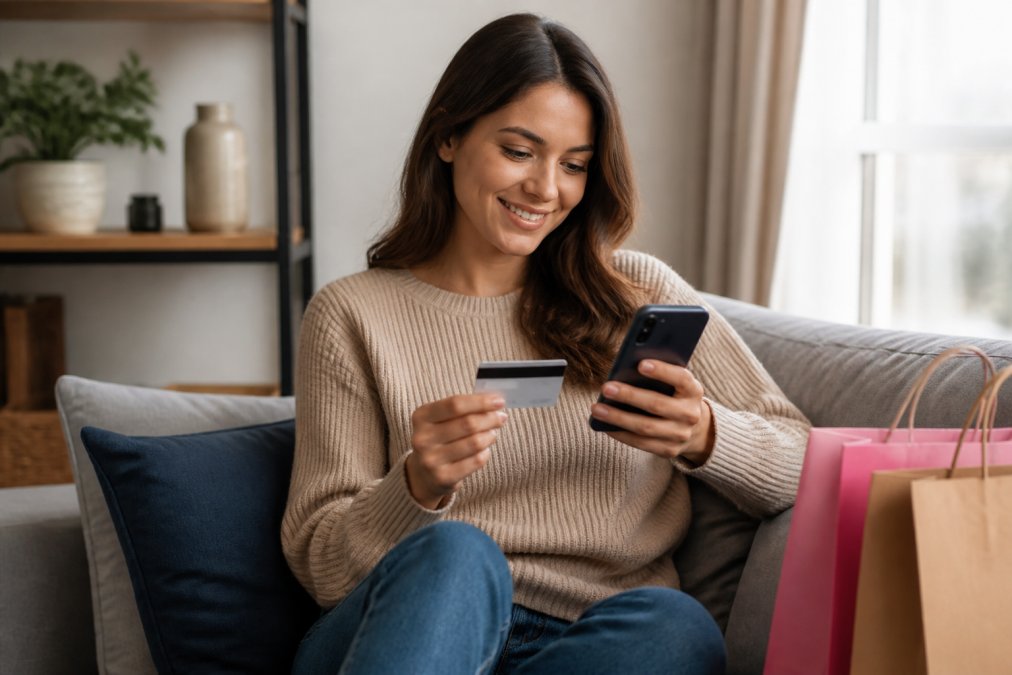 Woman smiling while shopping on her smartphone, holding a credit card in a comfortable home setting with shopping bags nearby and soft natural lighting