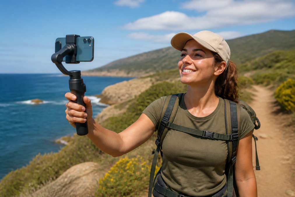 Content creator holding a smartphone gimbal while recording outdoors, with the three-axis stabilizer visibly keeping the phone level as the creator moves, natural sunlight illuminating the scene