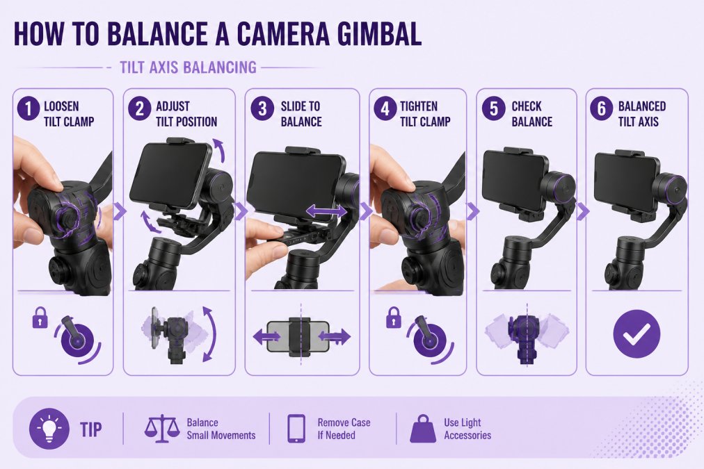 Close-up of hands adjusting a three-axis gimbal's tilt clamp while a smartphone is mounted on the quick-release plate, showing the balancing adjustment process with clear detail of the mechanical components
