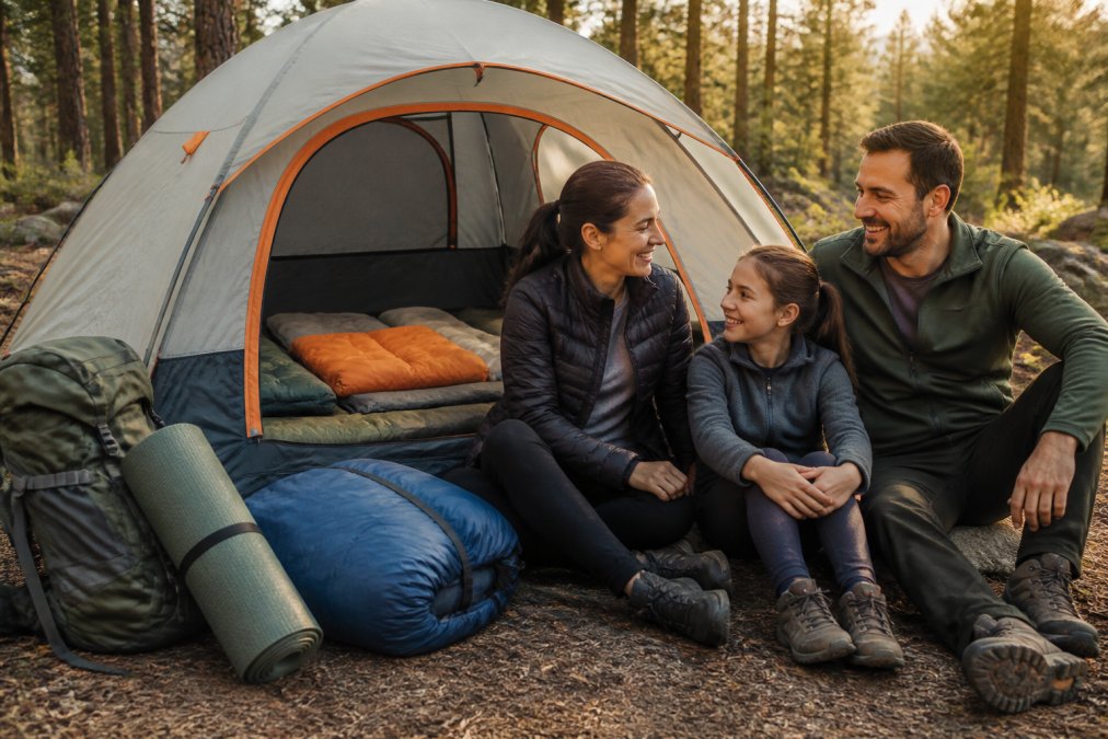 A happy family sitting outside their tent with affordable camping gear like sleeping bags and pads visible.