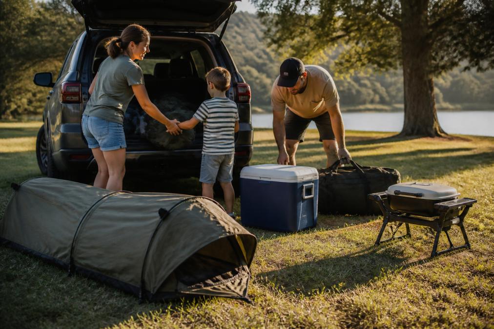A family unpacking camping gear from a car boot at a grassy campsite, with a swag, folding BBQ and portable fridge visible on the ground in late afternoon light