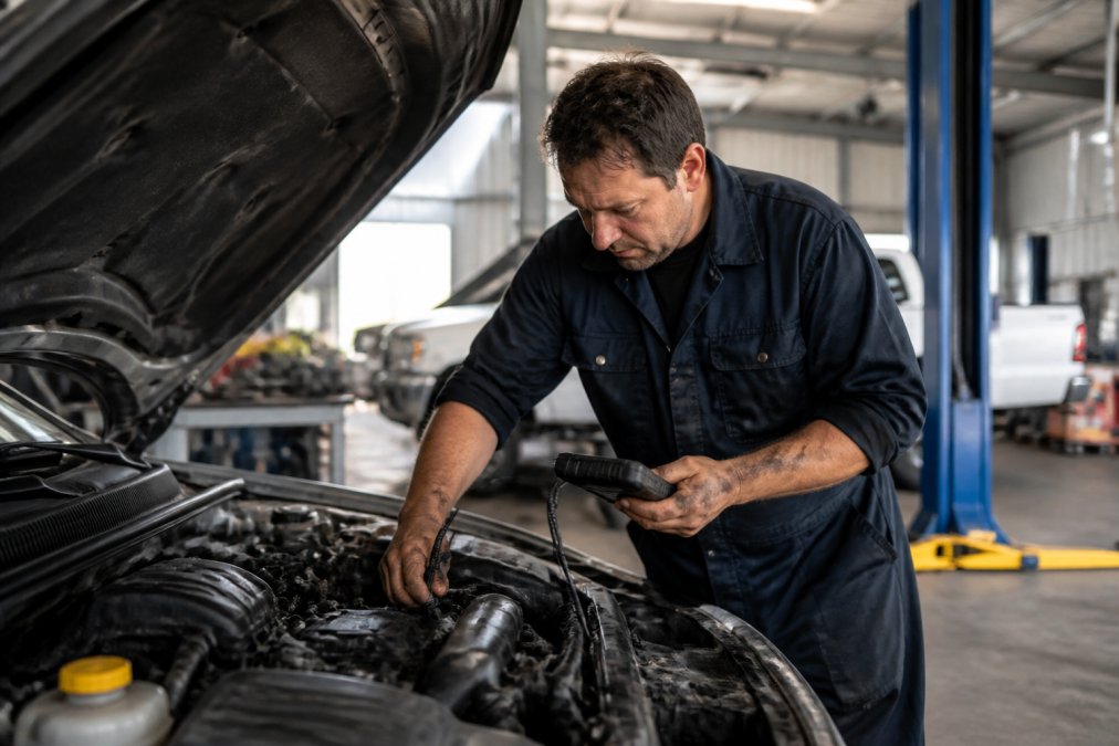 Experienced mechanic in work overalls inspecting a car engine under the bonnet, using modern diagnostic tools in a well-lit workshop