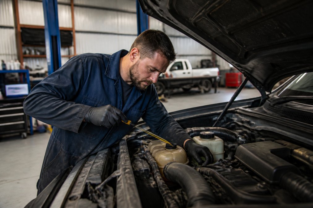 Mechanic performing routine servicing on a vehicle, checking fluid levels and replacing air filters with precision
