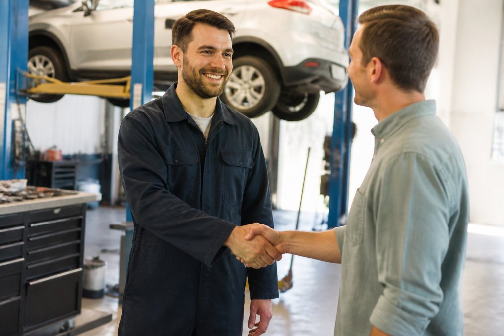 A friendly mechanic in clean overalls shaking hands with a customer in a well-lit auto repair workshop, with a car raised on a hoist in the background