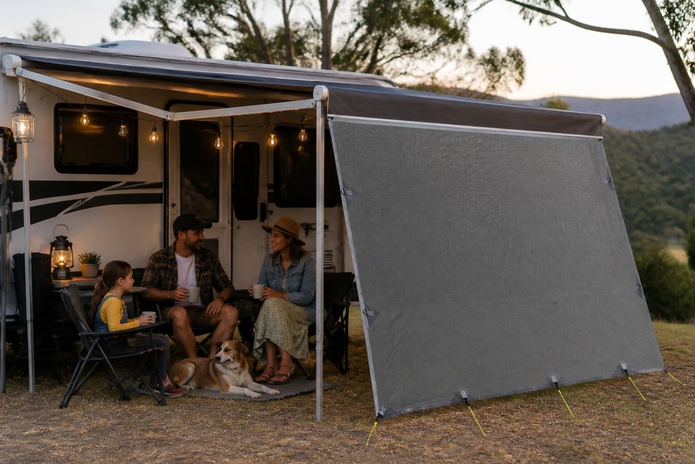 Extended caravan awning with privacy screens deployed, family relaxing in the shade with comfortable seating and portable lighting