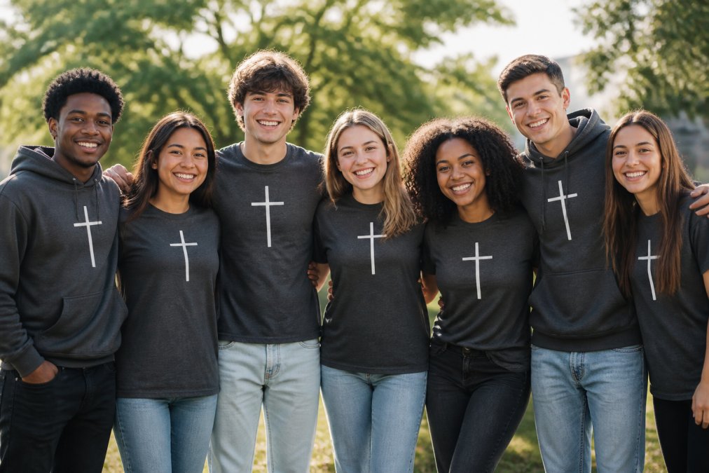A diverse youth group wearing matching faith-based t-shirts and hoodies standing together outdoors in natural sunlight, smiling and displaying unity and community