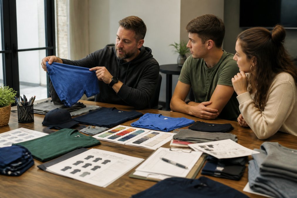A church group leader or youth pastor reviewing apparel samples and designs on a table with fabric swatches, sizing guides, and order forms in a bright meeting space