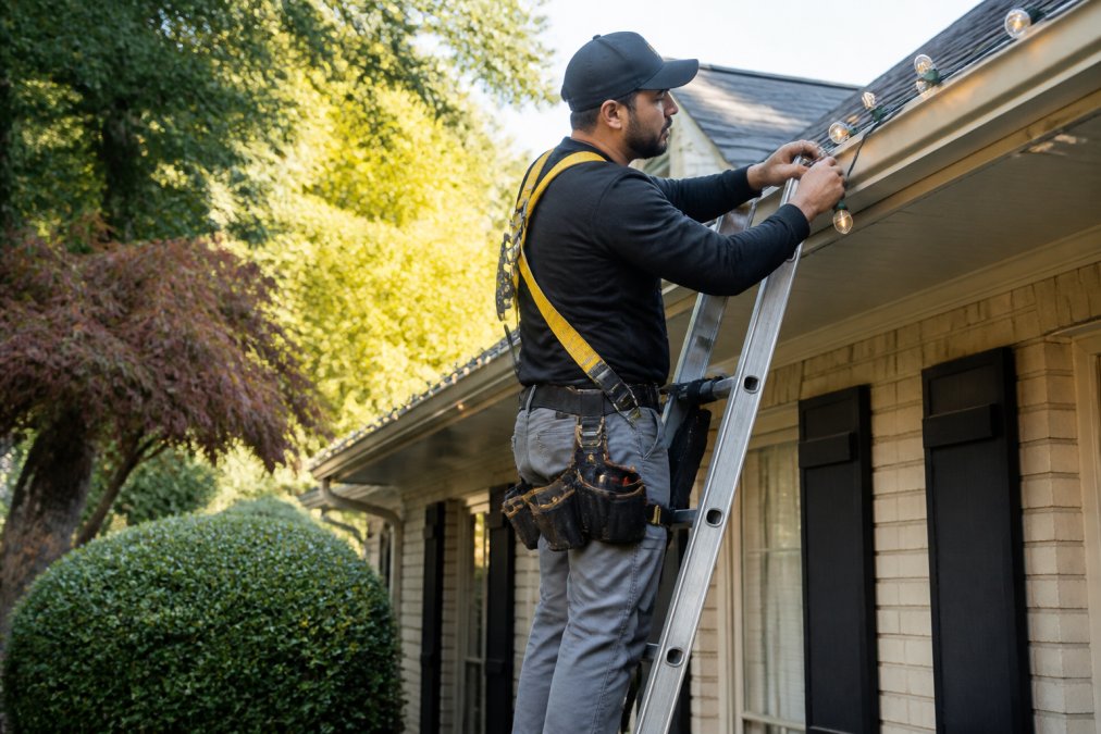Professional installer on a ladder securing weather-resistant holiday lights to residential roofline, wearing safety harness and equipment, with property visible below