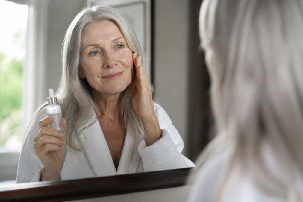 Mature woman in natural morning light examining her skin in mirror while holding a clean beauty serum bottle, with a calm satisfied expression