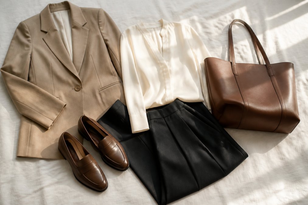 A neatly arranged flat lay of neutral-toned work wardrobe essentials, a structured blazer, tailored trousers, a silk blouse, leather loafers, and a simple tote bag, arranged on a clean white linen surface in natural daylight